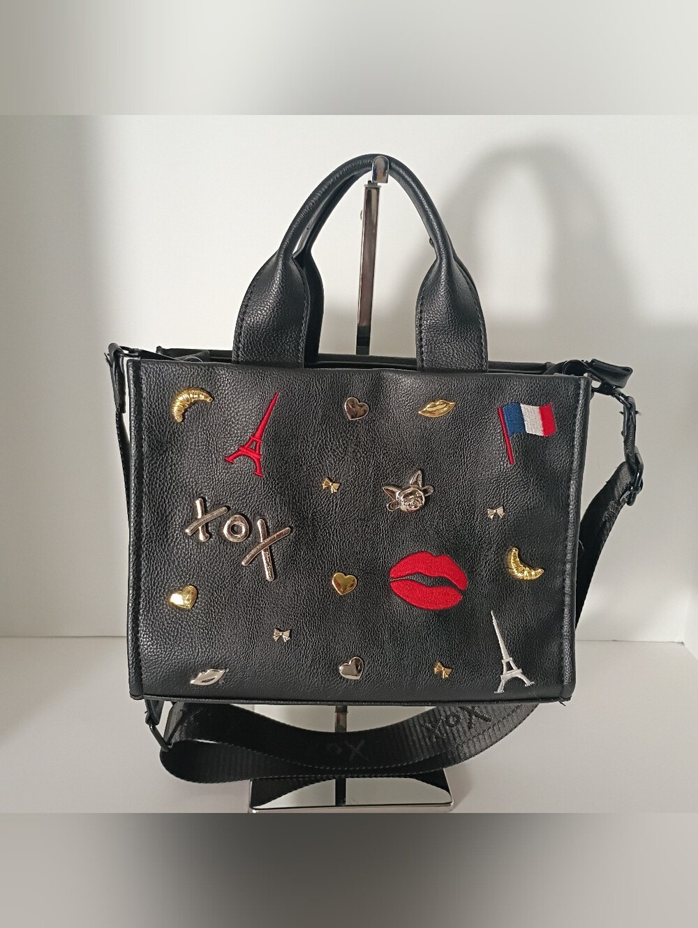 Betsy Johnson Paris Love Embellished Black Tote Bag